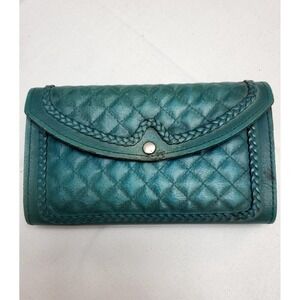 Vtg Turquoise Handmade Woman's Trifold Embellished Leather Wallet-Made in Brazil